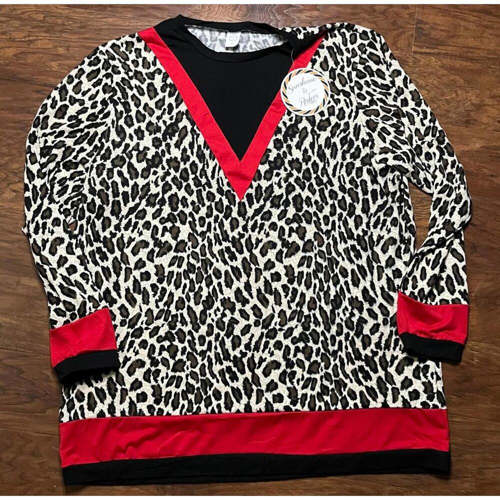 Sunshine & Rodeos Leopard Print Red Trim Long Sleeve Top 3XL